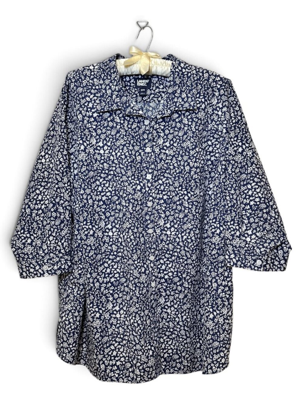 Lands End Blouse No Iron Cotton Supima 22W Blue White Floral Businesscore Work